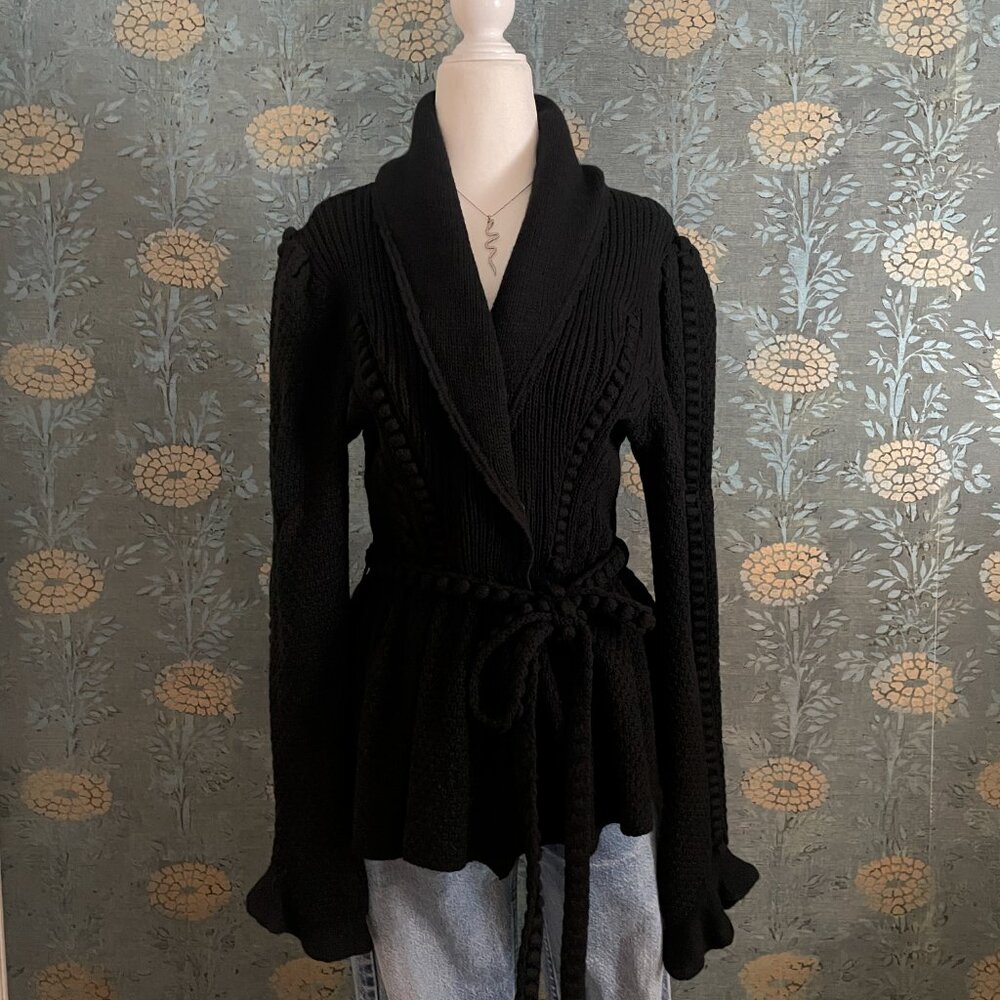 Manrico Cashmere Black 100% Cashmere Cardigan Sash Tie Size Small - Picture 3 of 9